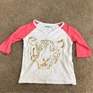 Mudd Kids White Tee with Gold Tiger and Pink Sleeves